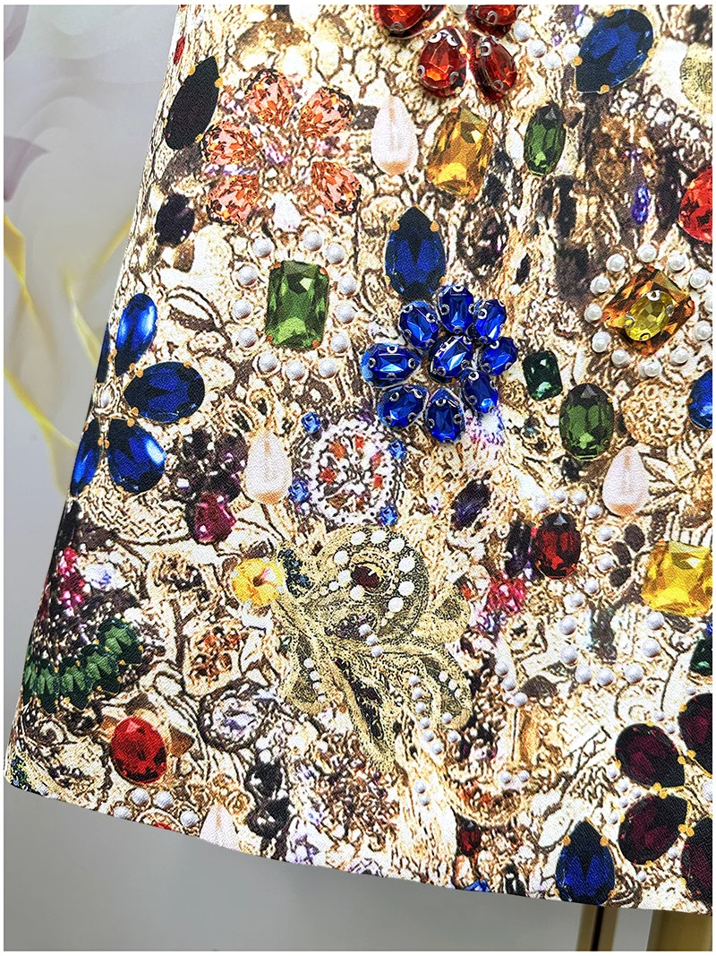 Vintage Luxury A-Line Dress for Women β Shiny Gem Print Beaded Rhinestone Embellished Summer Elegant Party Fashion Outfit