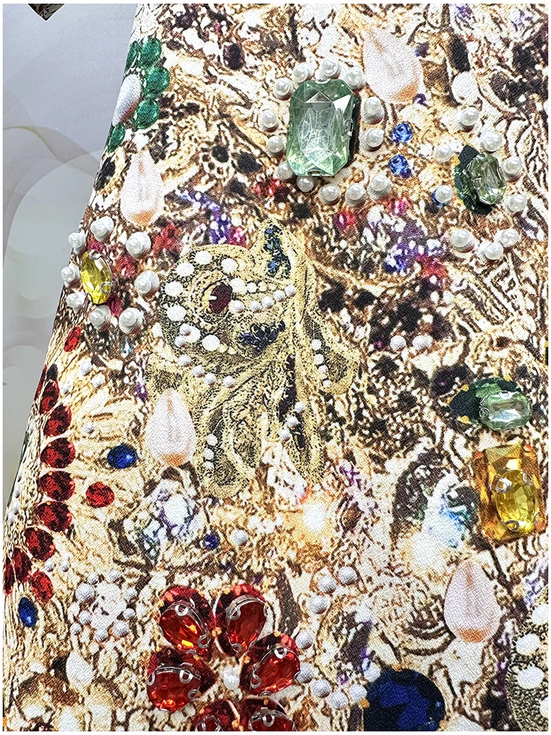Vintage Luxury A-Line Dress for Women β Shiny Gem Print Beaded Rhinestone Embellished Summer Elegant Party Fashion Outfit