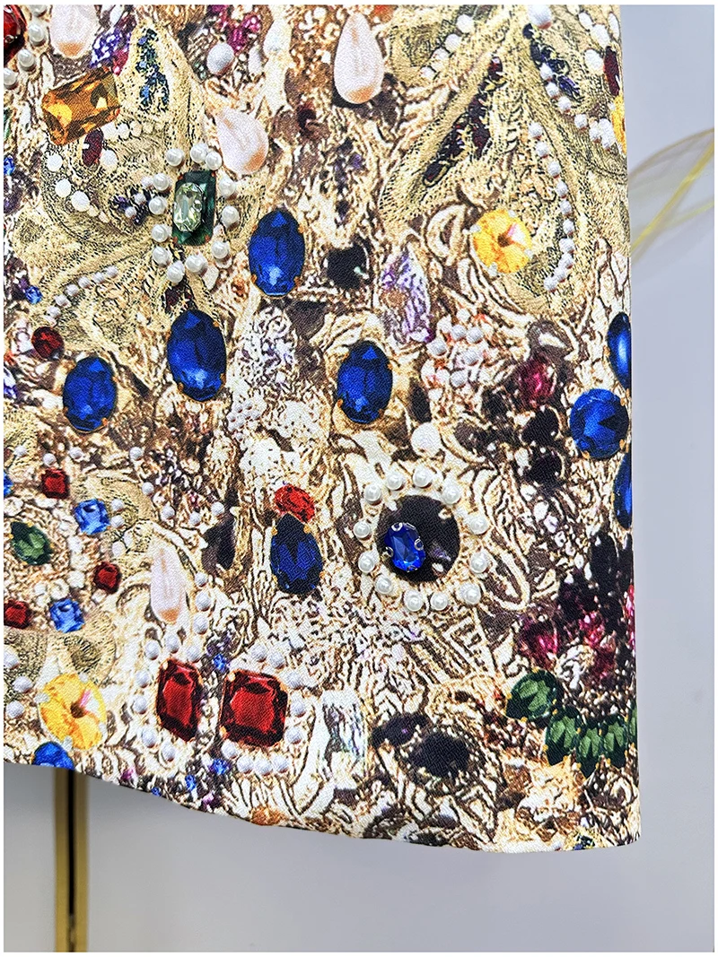Vintage Luxury A-Line Dress for Women β Shiny Gem Print Beaded Rhinestone Embellished Summer Elegant Party Fashion Outfit