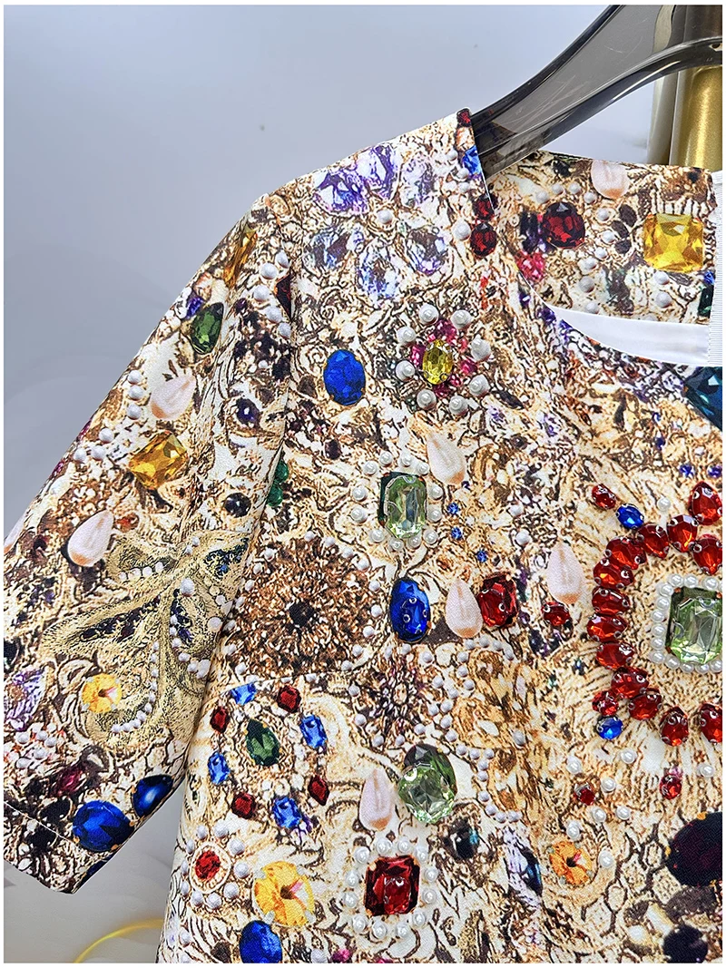 Vintage Luxury A-Line Dress for Women β Shiny Gem Print Beaded Rhinestone Embellished Summer Elegant Party Fashion Outfit