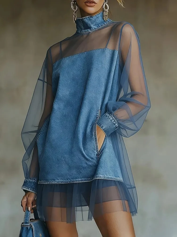 Fashion High Neck Denim Dress with Sheer Mesh Overlay Long Puff Sleeve Pocketed Ruffle Hem Casual Streetwear Mini Dress