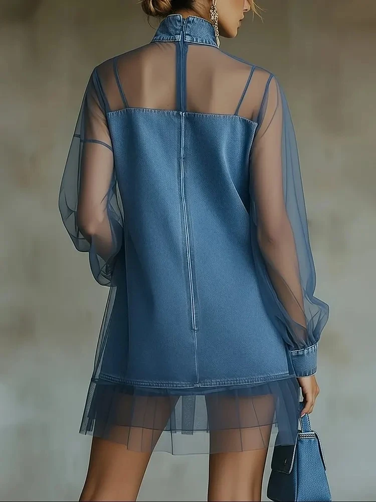 Fashion High Neck Denim Dress with Sheer Mesh Overlay Long Puff Sleeve Pocketed Ruffle Hem Casual Streetwear Mini Dress