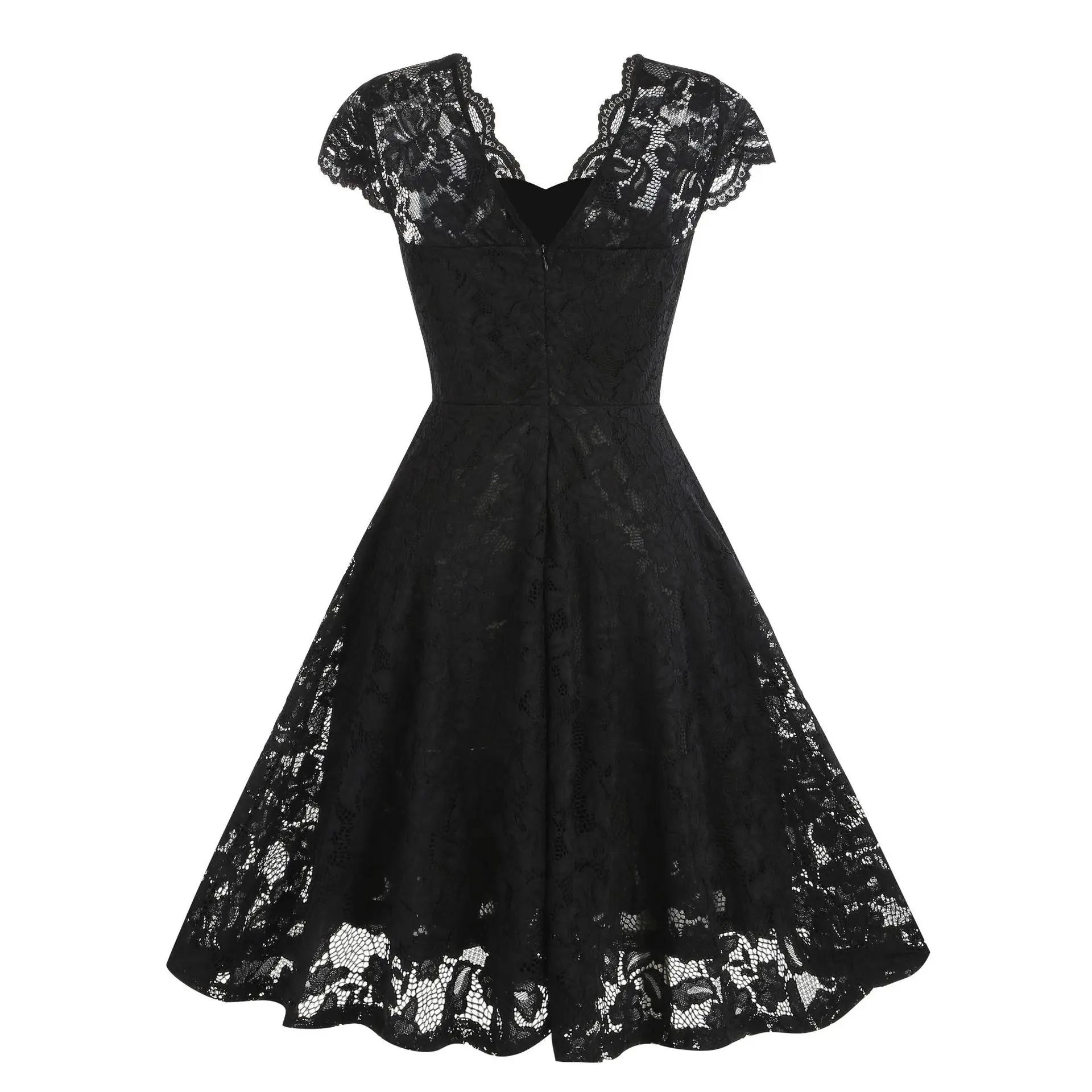 Scalloped V Neck Elegant Birthday Vintage Dresses for Women Evening Prom Party Dress Pleated Lace Mesh Swing Retro Dress Vestido