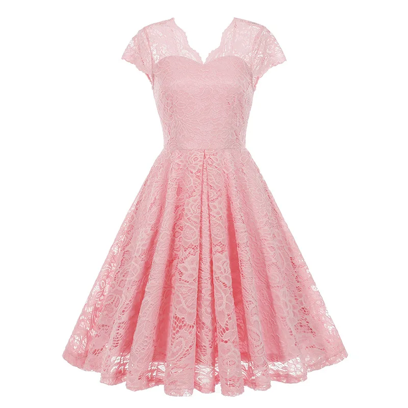 Scalloped V Neck Elegant Birthday Vintage Dresses for Women Evening Prom Party Dress Pleated Lace Mesh Swing Retro Dress Vestido