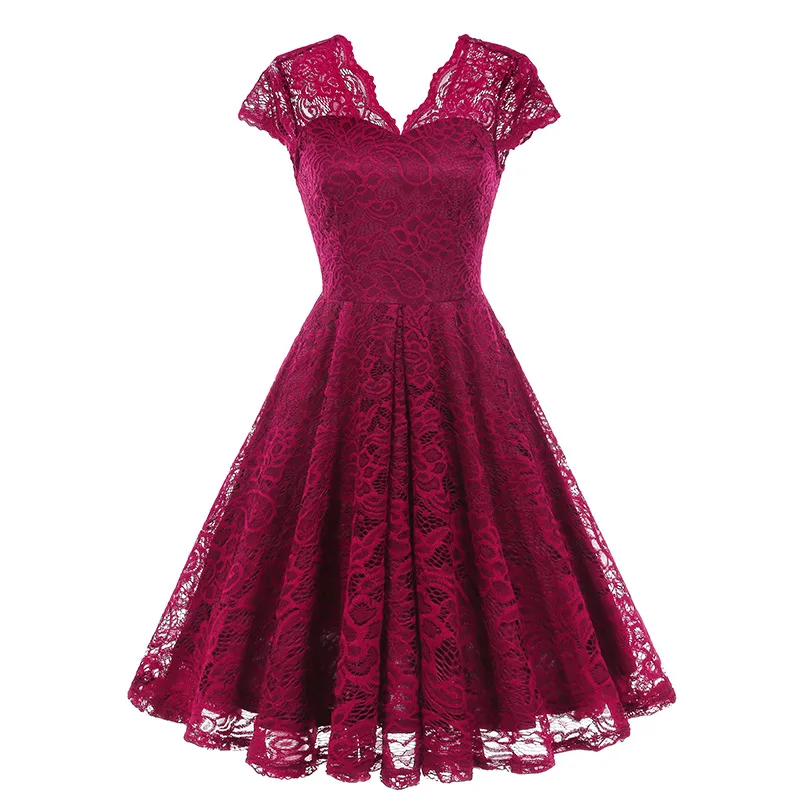 Scalloped V Neck Elegant Birthday Vintage Dresses for Women Evening Prom Party Dress Pleated Lace Mesh Swing Retro Dress Vestido