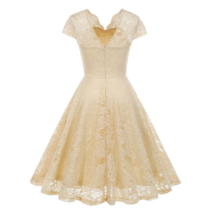 Scalloped V Neck Elegant Birthday Vintage Dresses for Women Evening Prom Party Dress Pleated Lace Mesh Swing Retro Dress Vestido