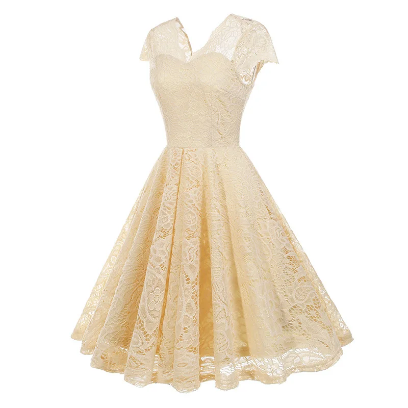 Scalloped V Neck Elegant Birthday Vintage Dresses for Women Evening Prom Party Dress Pleated Lace Mesh Swing Retro Dress Vestido
