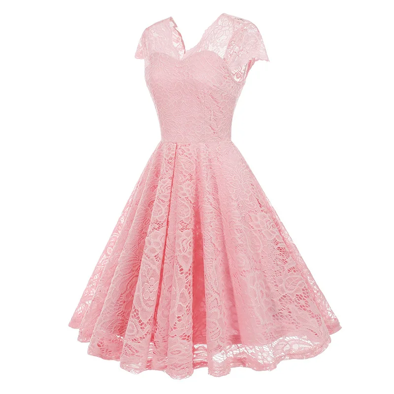 Scalloped V Neck Elegant Birthday Vintage Dresses for Women Evening Prom Party Dress Pleated Lace Mesh Swing Retro Dress Vestido