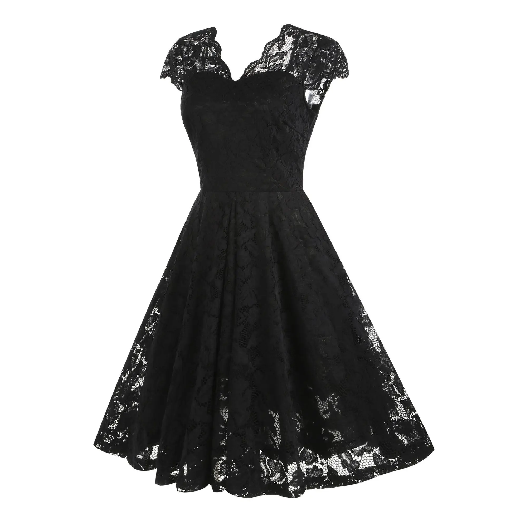 Scalloped V Neck Elegant Birthday Vintage Dresses for Women Evening Prom Party Dress Pleated Lace Mesh Swing Retro Dress Vestido