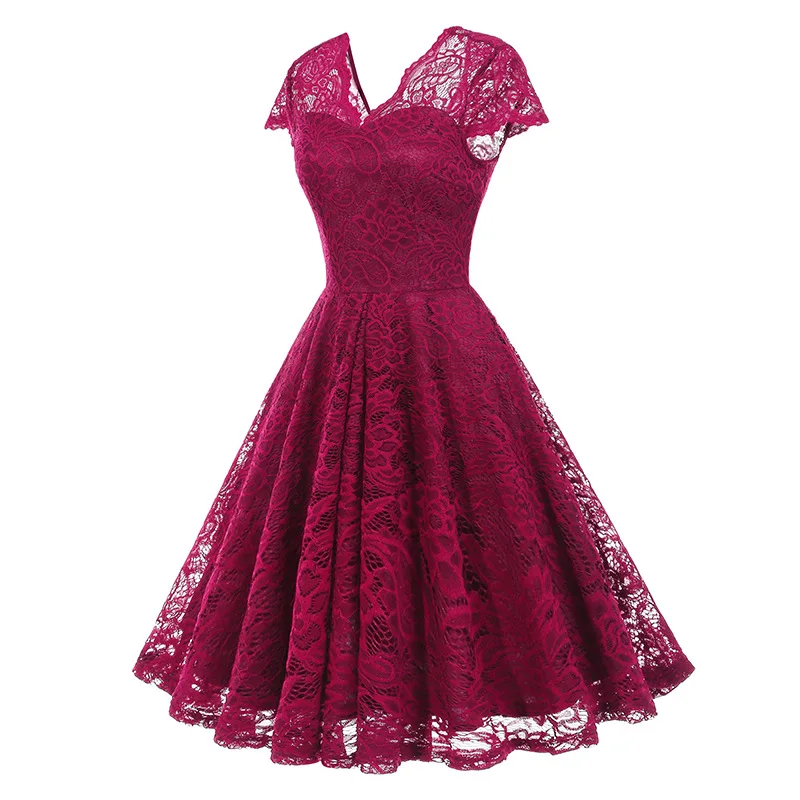 Scalloped V Neck Elegant Birthday Vintage Dresses for Women Evening Prom Party Dress Pleated Lace Mesh Swing Retro Dress Vestido