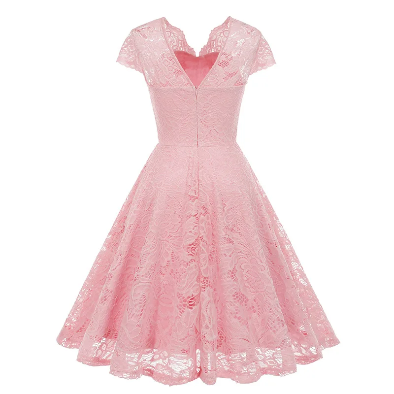 Scalloped V Neck Elegant Birthday Vintage Dresses for Women Evening Prom Party Dress Pleated Lace Mesh Swing Retro Dress Vestido