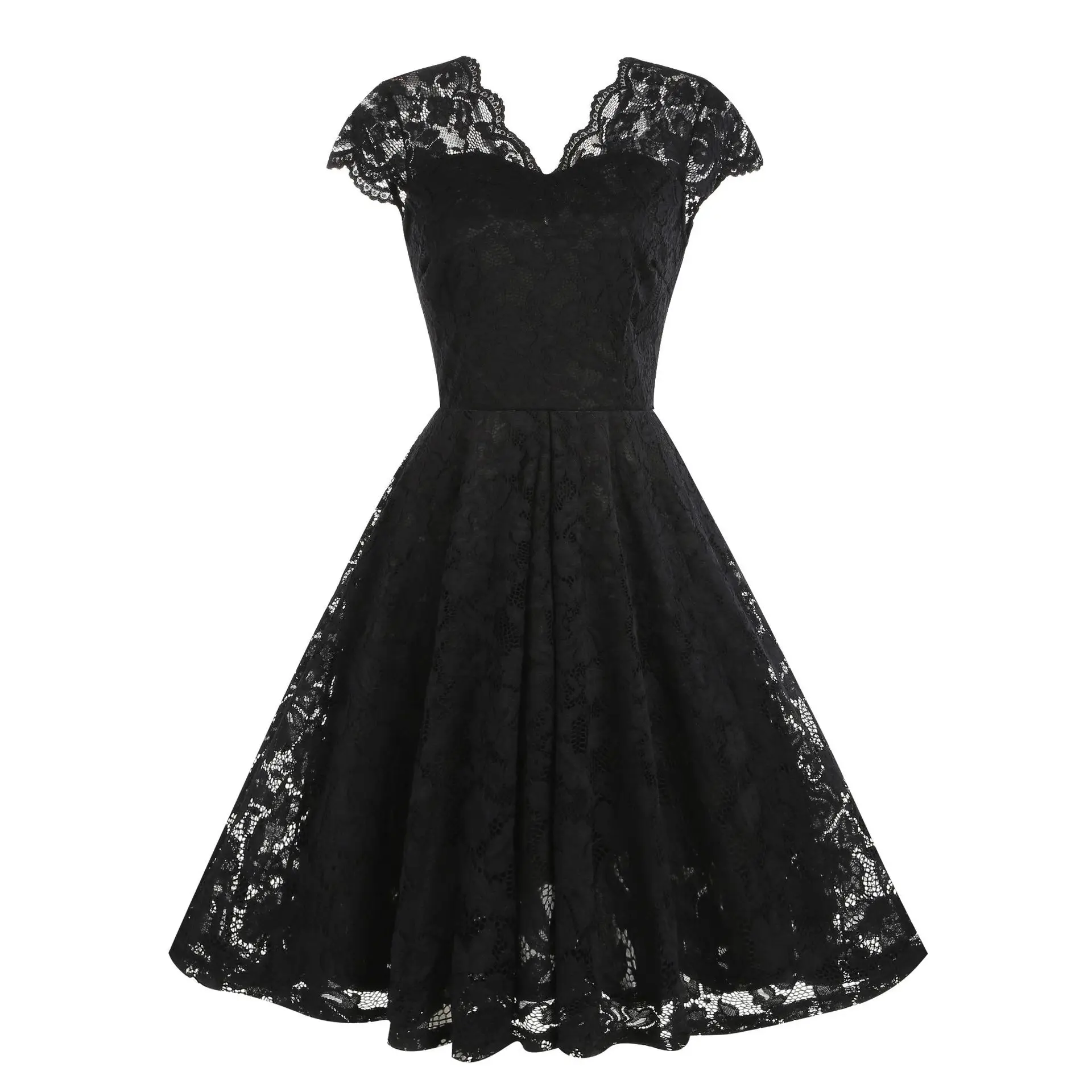 Scalloped V Neck Elegant Birthday Vintage Dresses for Women Evening Prom Party Dress Pleated Lace Mesh Swing Retro Dress Vestido