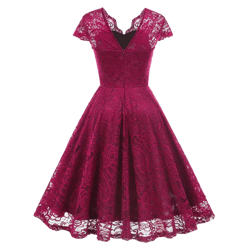 Scalloped V Neck Elegant Birthday Vintage Dresses for Women Evening Prom Party Dress Pleated Lace Mesh Swing Retro Dress Vestido