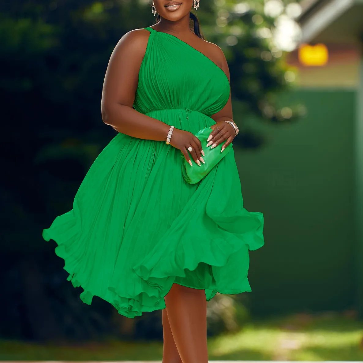 CM.YAYA Women One Shoulder Sleeveless Big Swing Pleated Knee Length Dress 2023 Fashion Street Vestidos Sexy Chic Dresses