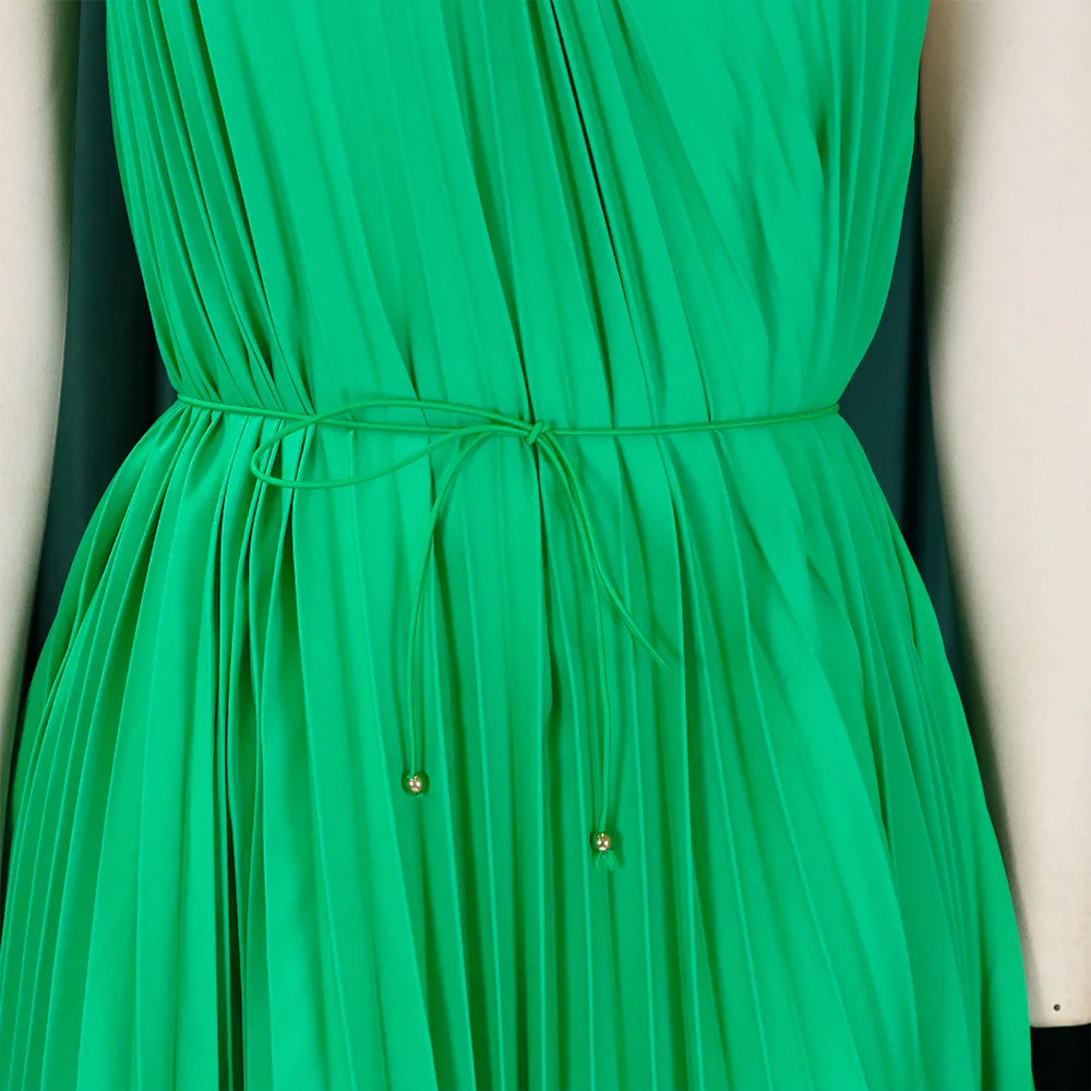 CM.YAYA Women One Shoulder Sleeveless Big Swing Pleated Knee Length Dress 2023 Fashion Street Vestidos Sexy Chic Dresses