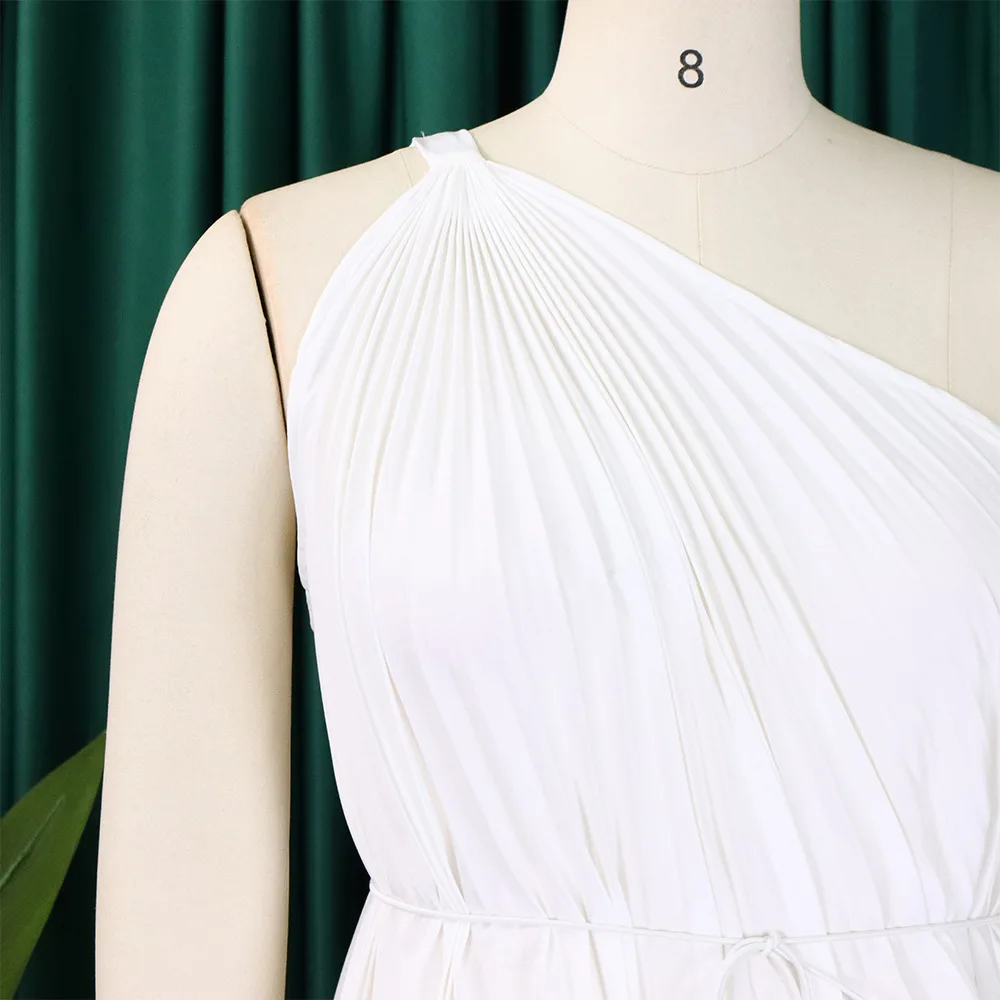 CM.YAYA Women One Shoulder Sleeveless Big Swing Pleated Knee Length Dress 2023 Fashion Street Vestidos Sexy Chic Dresses