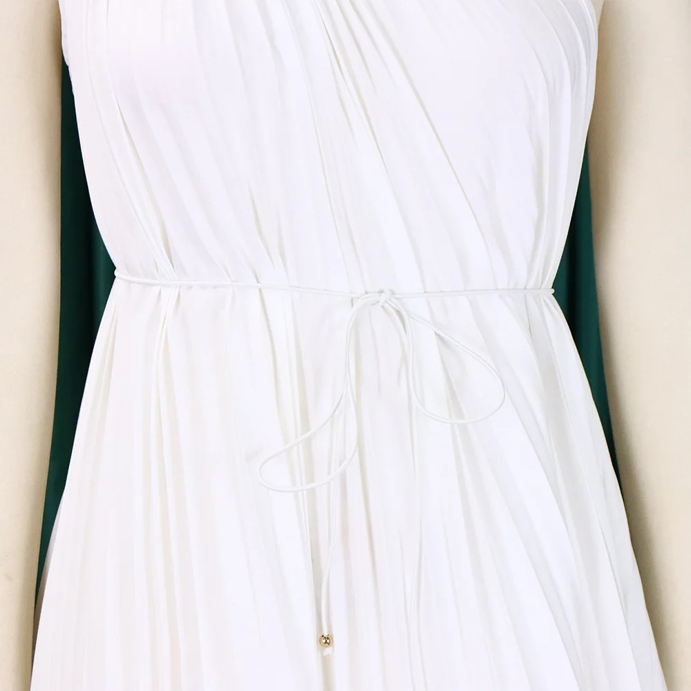 CM.YAYA Women One Shoulder Sleeveless Big Swing Pleated Knee Length Dress 2023 Fashion Street Vestidos Sexy Chic Dresses