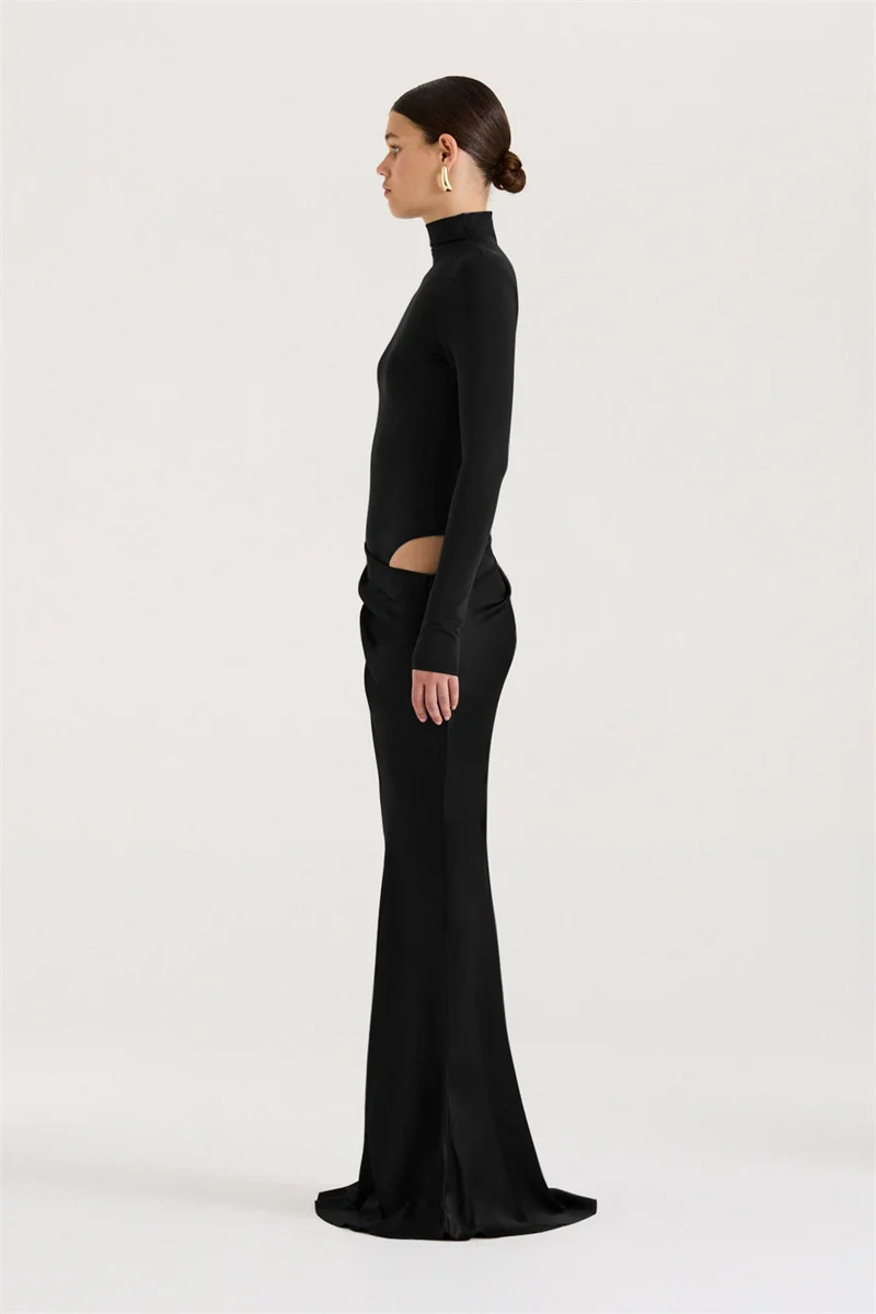 Mozision Autumn Long Sleeve Sexy Maxi Dress Women Fashion Hollow Out Turtleneck Ruched Bodycon Club Party Long Dresses Female