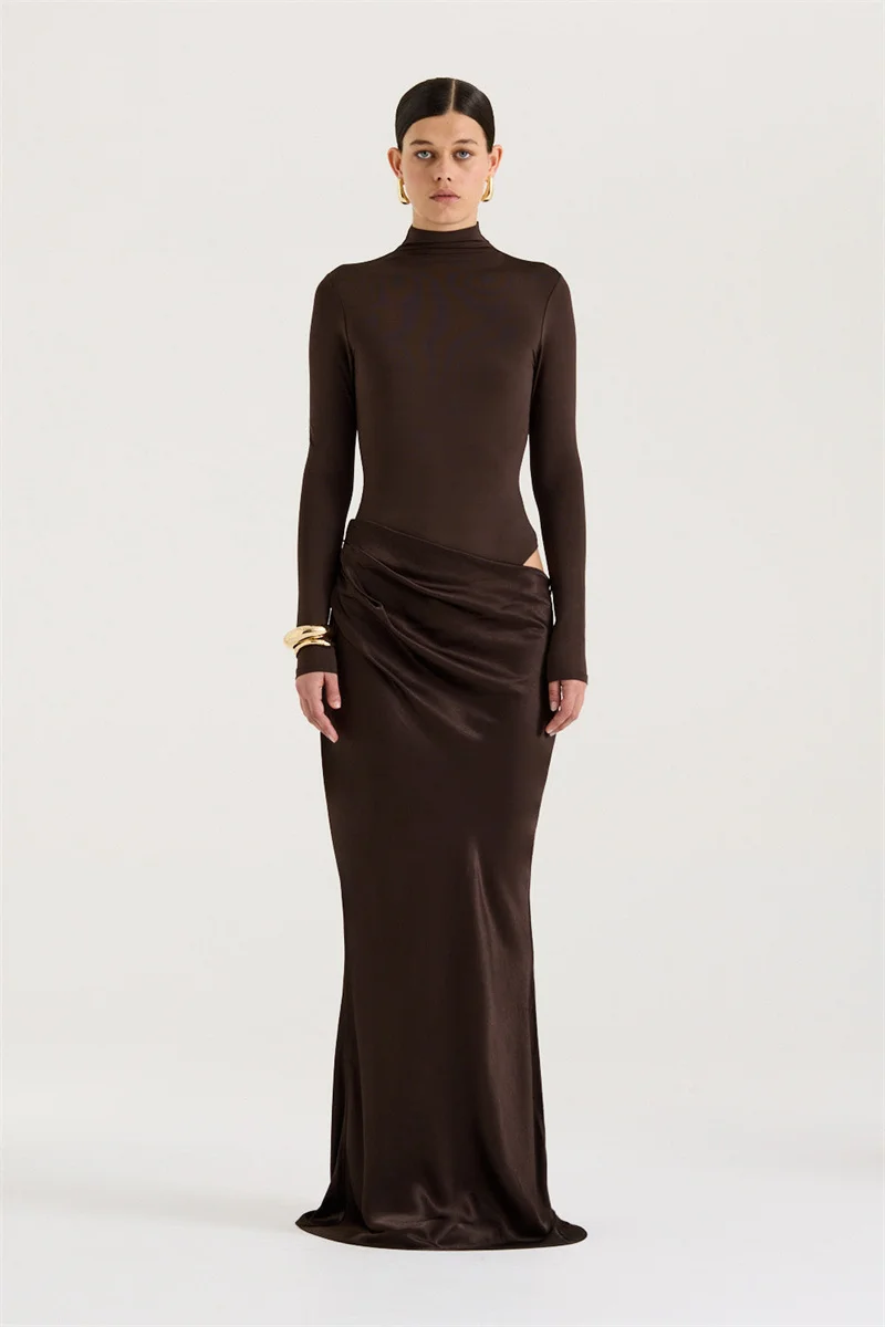 Mozision Autumn Long Sleeve Sexy Maxi Dress Women Fashion Hollow Out Turtleneck Ruched Bodycon Club Party Long Dresses Female