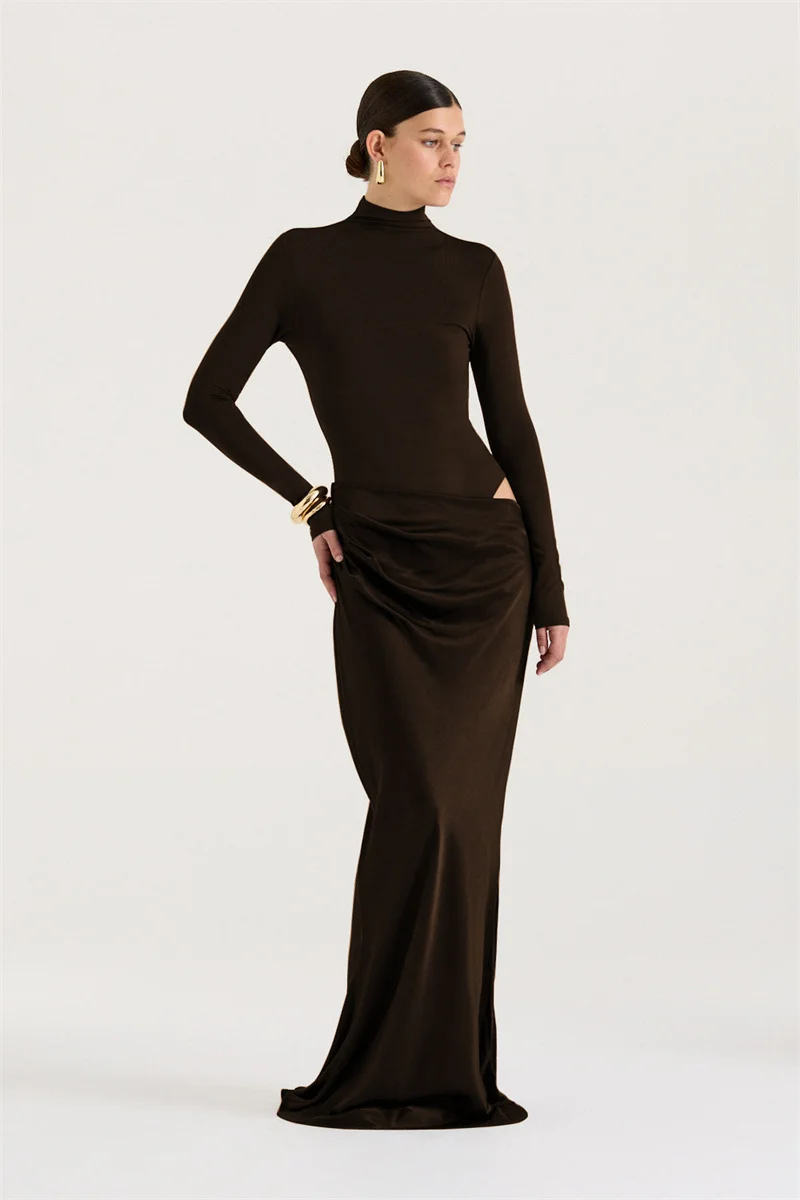 Mozision Autumn Long Sleeve Sexy Maxi Dress Women Fashion Hollow Out Turtleneck Ruched Bodycon Club Party Long Dresses Female