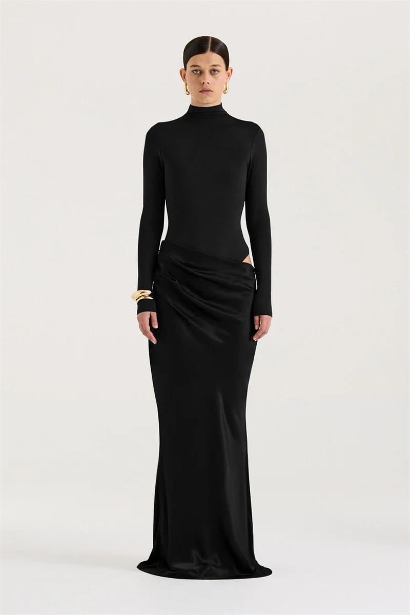 Mozision Autumn Long Sleeve Sexy Maxi Dress Women Fashion Hollow Out Turtleneck Ruched Bodycon Club Party Long Dresses Female