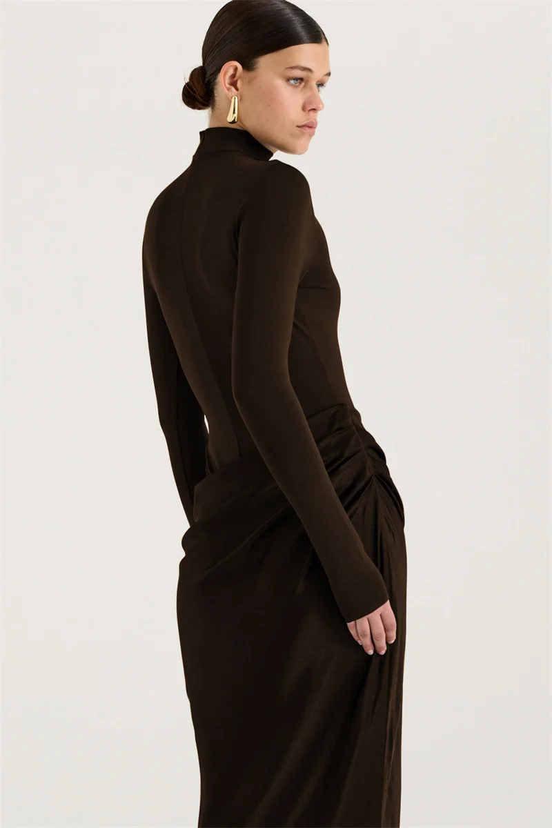 Mozision Autumn Long Sleeve Sexy Maxi Dress Women Fashion Hollow Out Turtleneck Ruched Bodycon Club Party Long Dresses Female