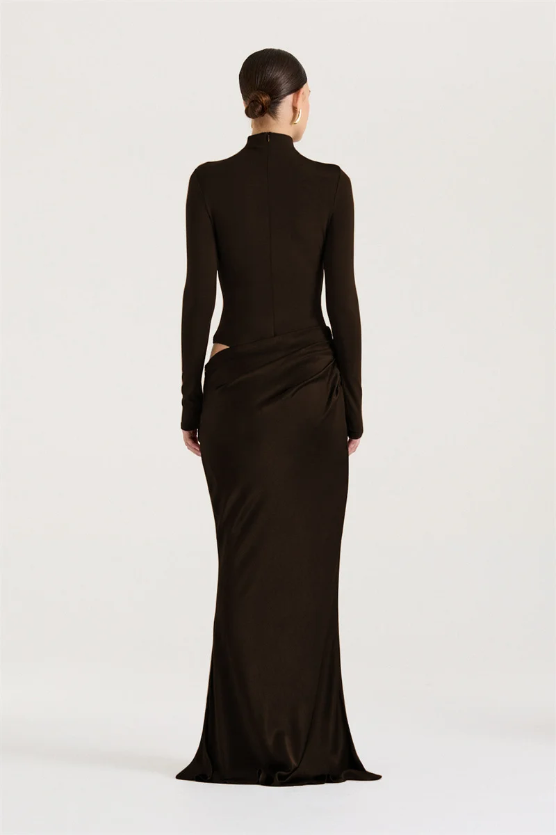 Mozision Autumn Long Sleeve Sexy Maxi Dress Women Fashion Hollow Out Turtleneck Ruched Bodycon Club Party Long Dresses Female