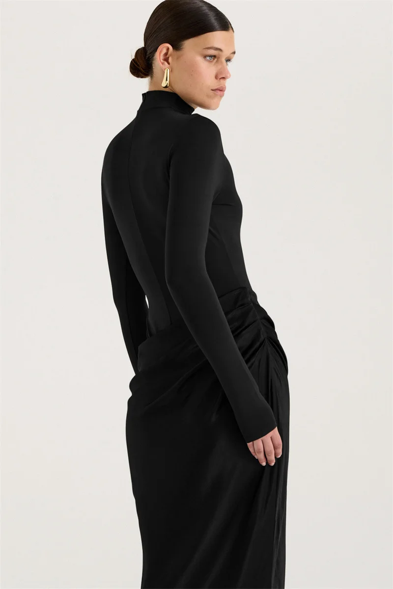 Mozision Autumn Long Sleeve Sexy Maxi Dress Women Fashion Hollow Out Turtleneck Ruched Bodycon Club Party Long Dresses Female