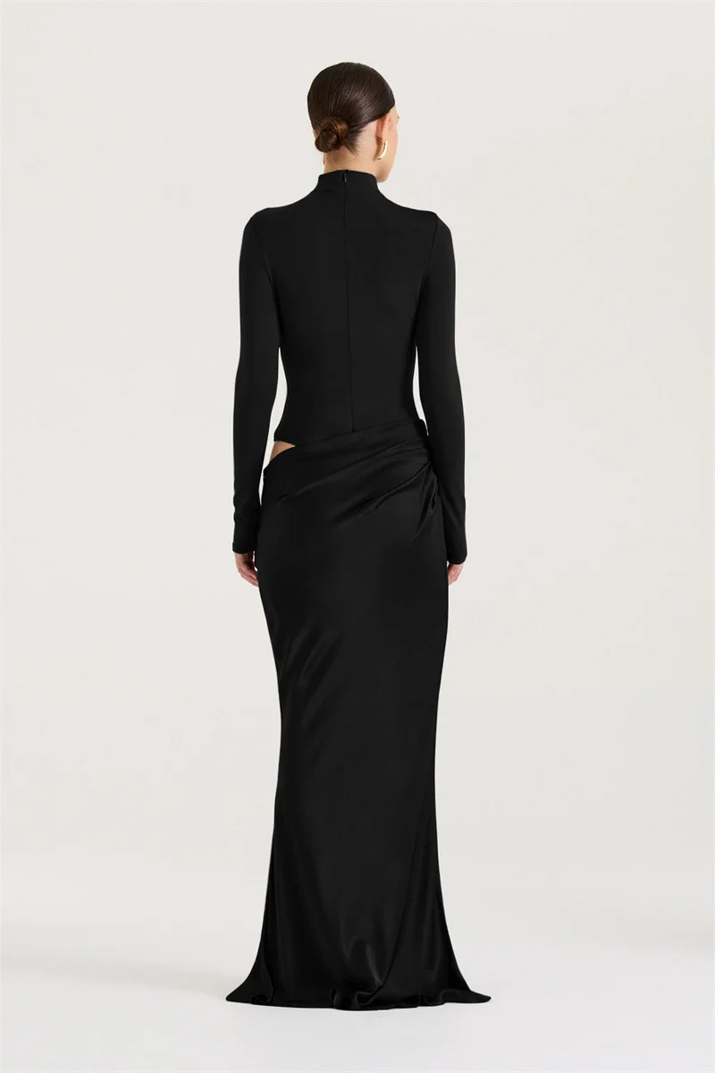 Mozision Autumn Long Sleeve Sexy Maxi Dress Women Fashion Hollow Out Turtleneck Ruched Bodycon Club Party Long Dresses Female