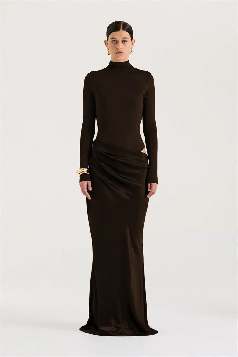 Mozision Autumn Long Sleeve Sexy Maxi Dress Women Fashion Hollow Out Turtleneck Ruched Bodycon Club Party Long Dresses Female