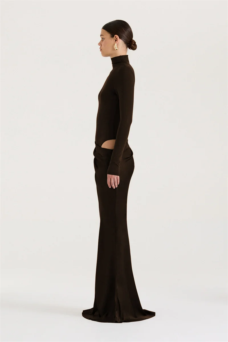 Mozision Autumn Long Sleeve Sexy Maxi Dress Women Fashion Hollow Out Turtleneck Ruched Bodycon Club Party Long Dresses Female