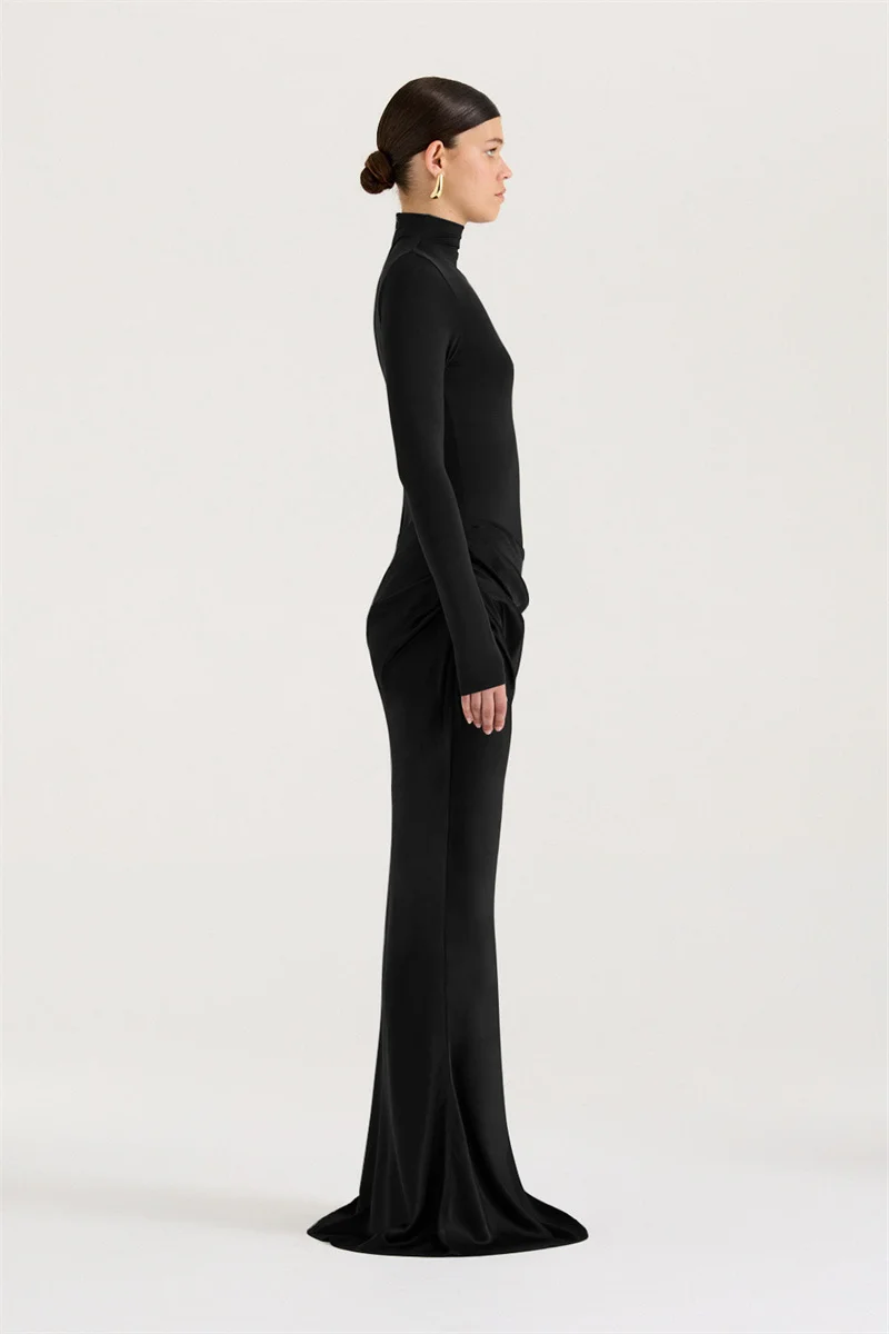 Mozision Autumn Long Sleeve Sexy Maxi Dress Women Fashion Hollow Out Turtleneck Ruched Bodycon Club Party Long Dresses Female