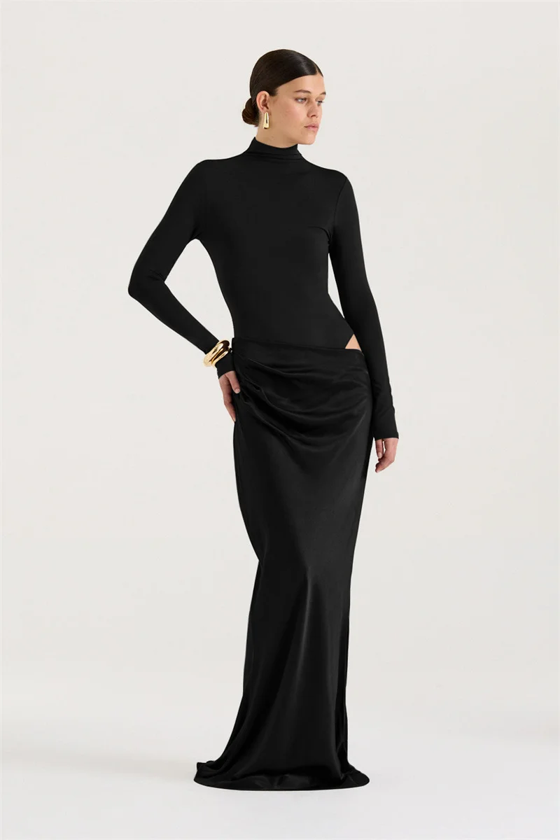 Mozision Autumn Long Sleeve Sexy Maxi Dress Women Fashion Hollow Out Turtleneck Ruched Bodycon Club Party Long Dresses Female