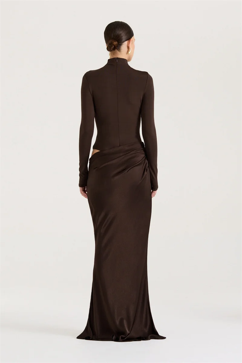 Mozision Autumn Long Sleeve Sexy Maxi Dress Women Fashion Hollow Out Turtleneck Ruched Bodycon Club Party Long Dresses Female