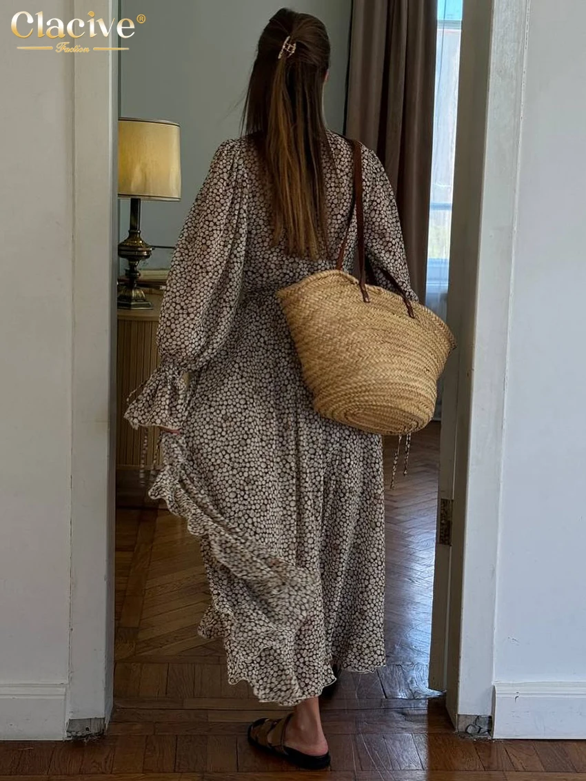 Clacive Fashion Loose Print Women's Dress 2025 Sexy V-Neck Long Sleeve Ankle Length Dresses Elegant Classic Ruffles Female Dress