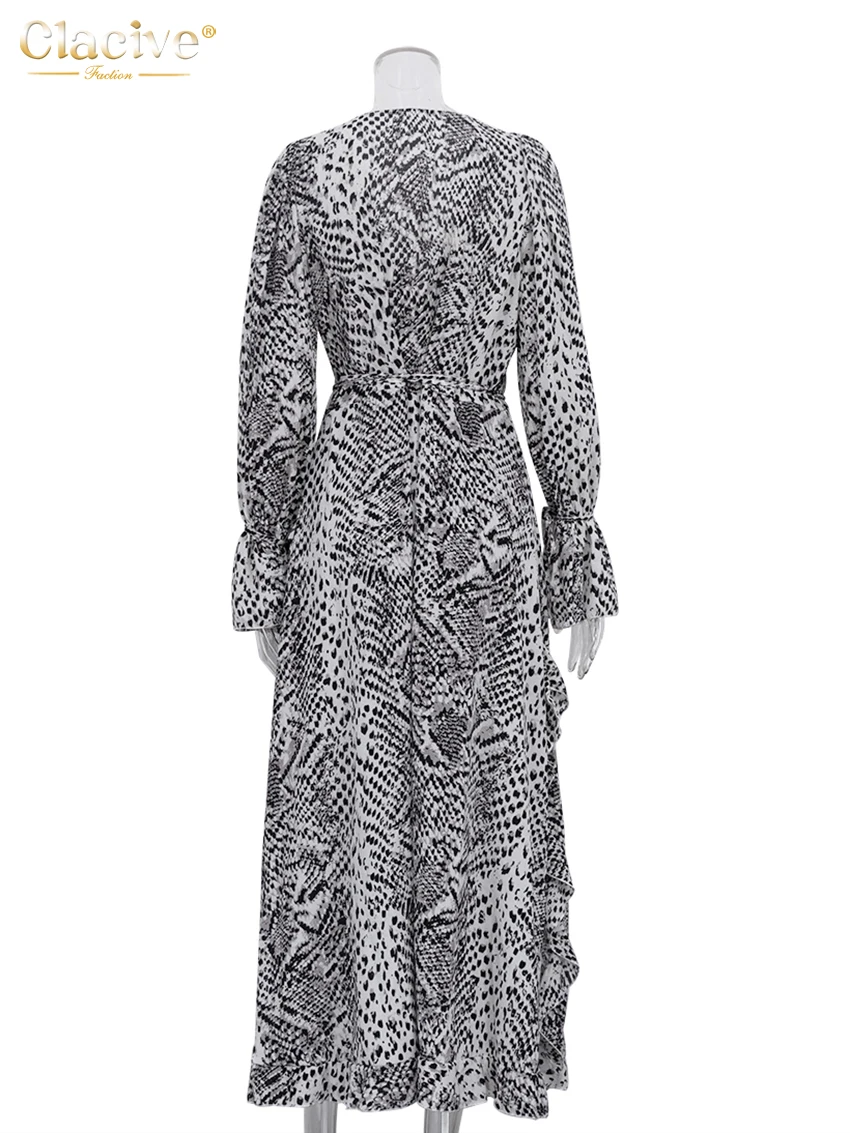 Clacive Fashion Loose Print Women's Dress 2025 Sexy V-Neck Long Sleeve Ankle Length Dresses Elegant Classic Ruffles Female Dress