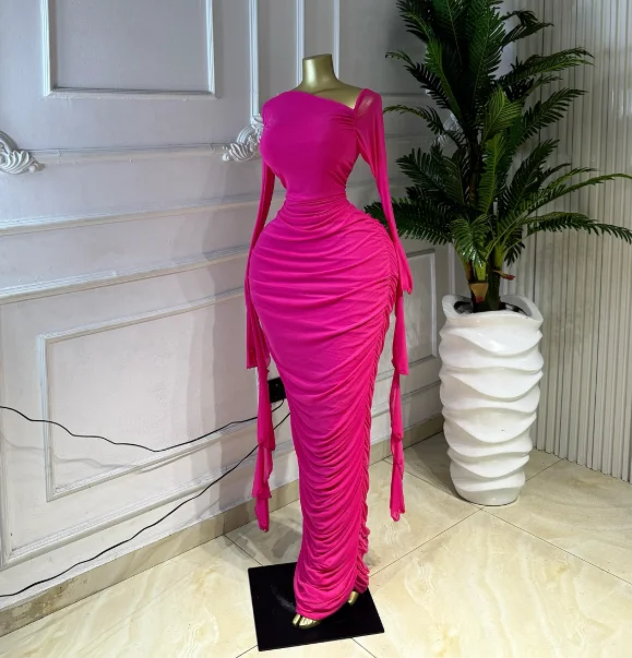 CM.YAYA Women Ruffles Long Sleeve Ruched Stacked Bodycon Maxi Long Dress Vacation Trendy Party Birthday Long Dresses Vestidos