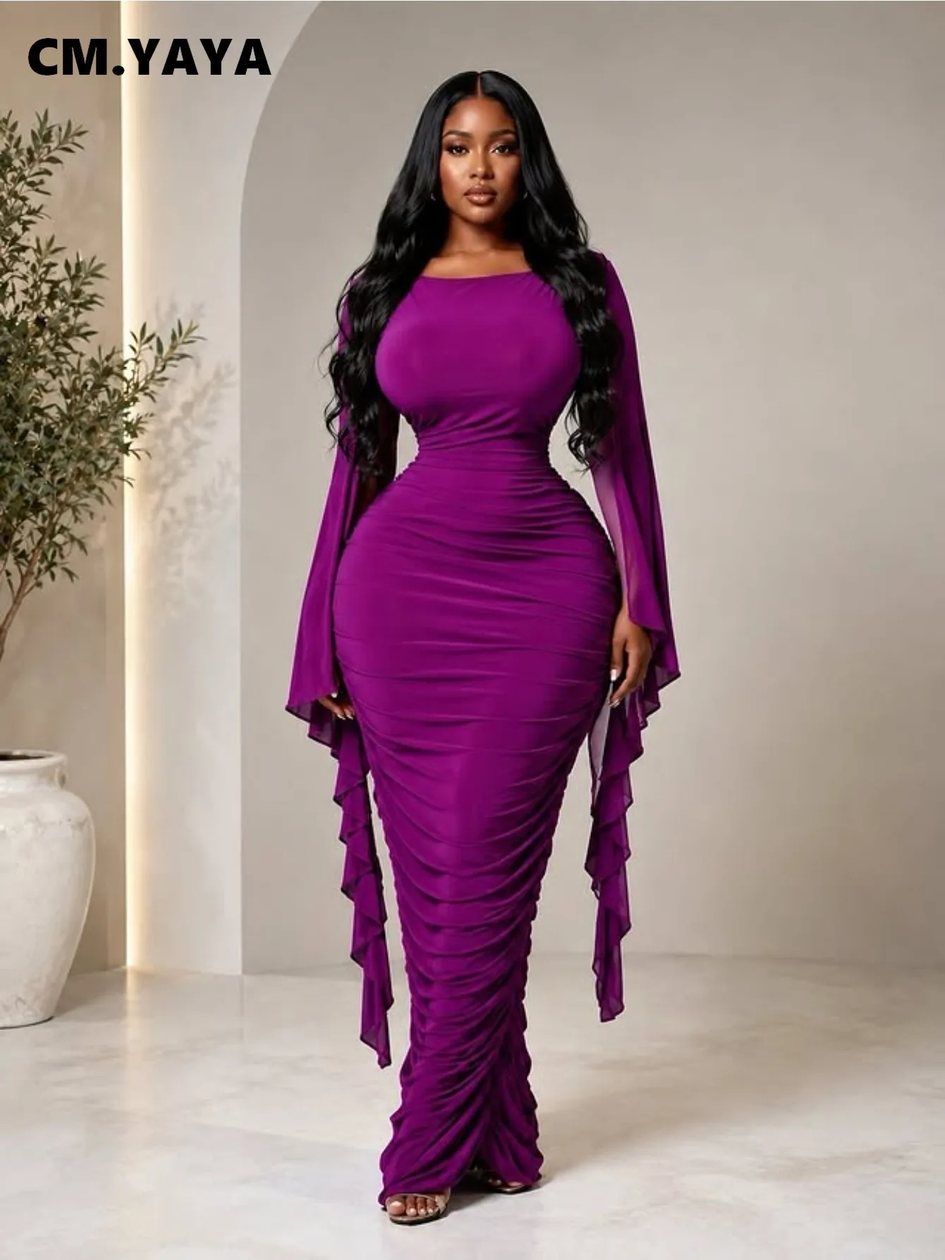 CM.YAYA Women Ruffles Long Sleeve Ruched Stacked Bodycon Maxi Long Dress Vacation Trendy Party Birthday Long Dresses Vestidos