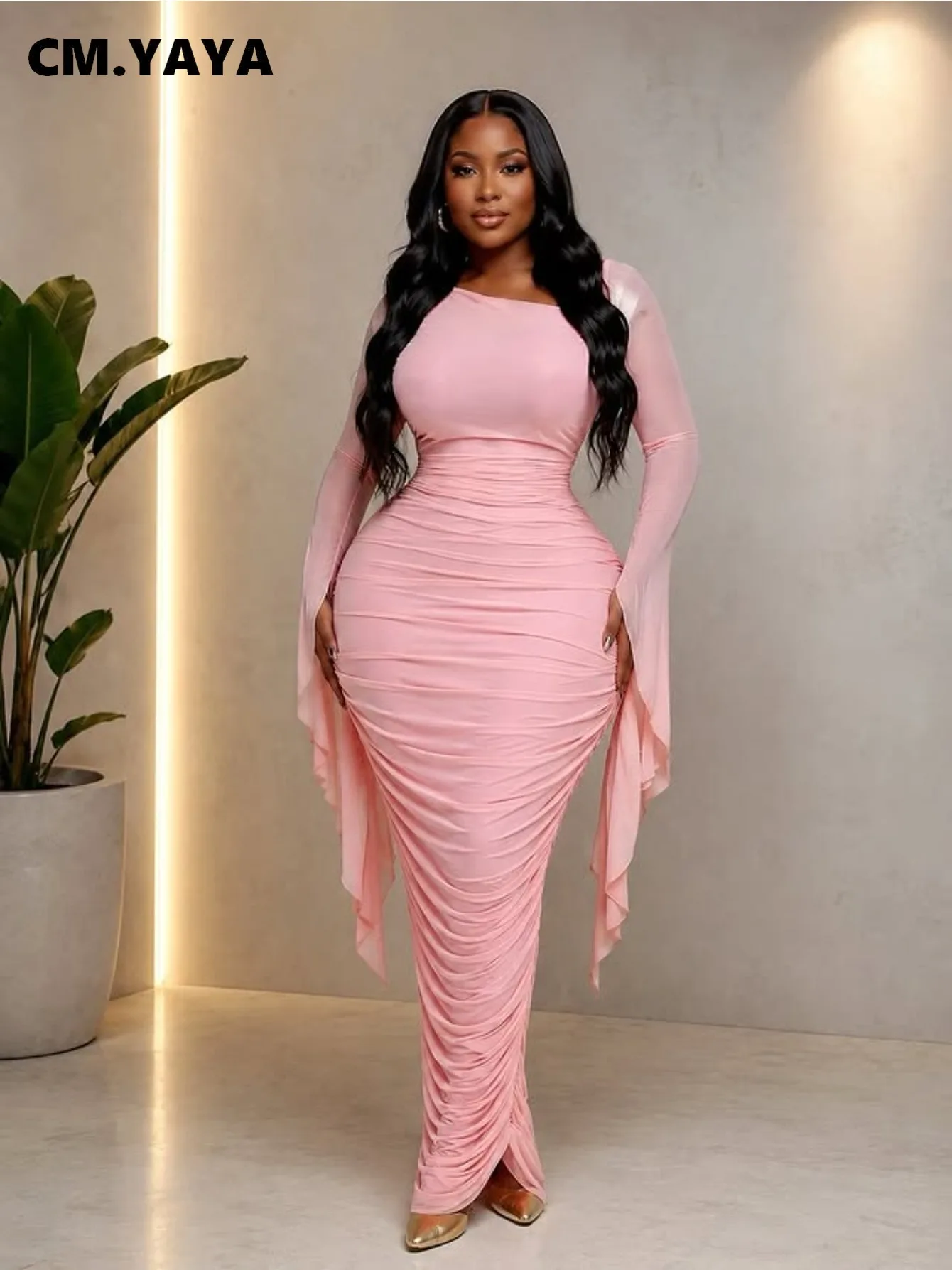 CM.YAYA Women Ruffles Long Sleeve Ruched Stacked Bodycon Maxi Long Dress Vacation Trendy Party Birthday Long Dresses Vestidos