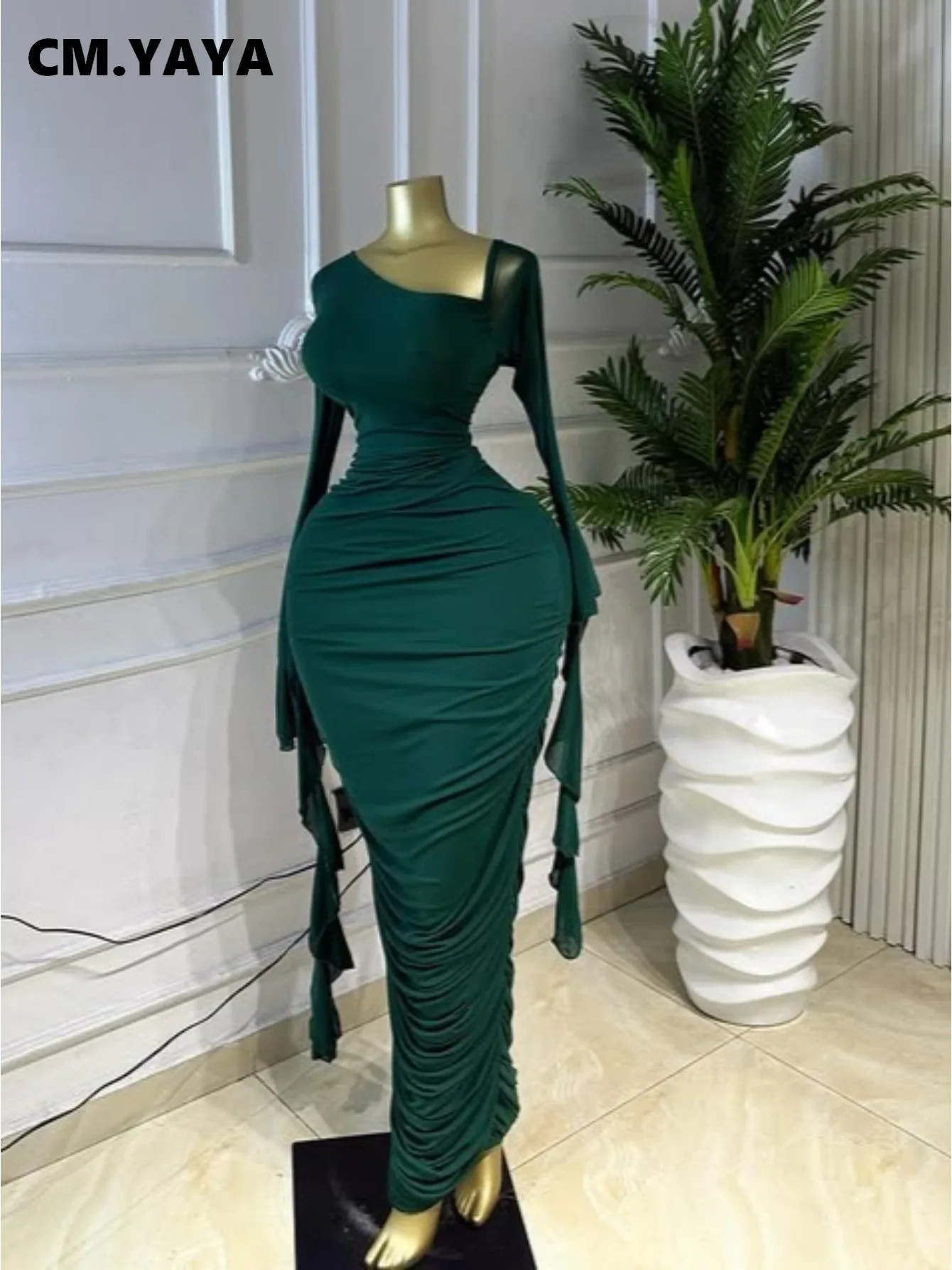 CM.YAYA Women Ruffles Long Sleeve Ruched Stacked Bodycon Maxi Long Dress Vacation Trendy Party Birthday Long Dresses Vestidos