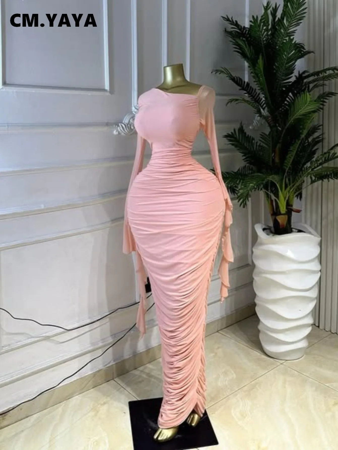 CM.YAYA Women Ruffles Long Sleeve Ruched Stacked Bodycon Maxi Long Dress Vacation Trendy Party Birthday Long Dresses Vestidos