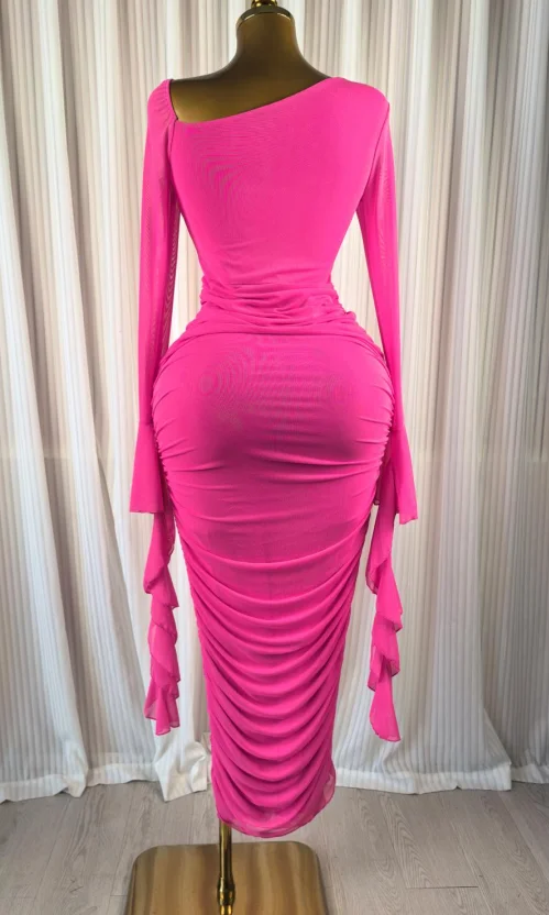 CM.YAYA Women Ruffles Long Sleeve Ruched Stacked Bodycon Maxi Long Dress Vacation Trendy Party Birthday Long Dresses Vestidos