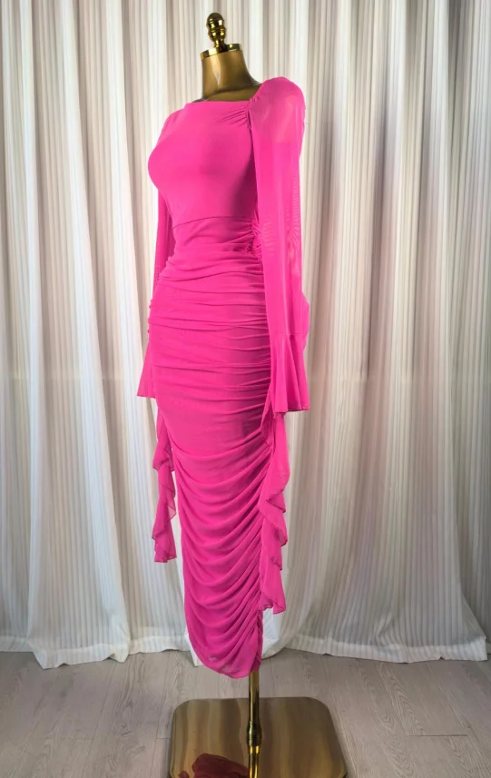 CM.YAYA Women Ruffles Long Sleeve Ruched Stacked Bodycon Maxi Long Dress Vacation Trendy Party Birthday Long Dresses Vestidos