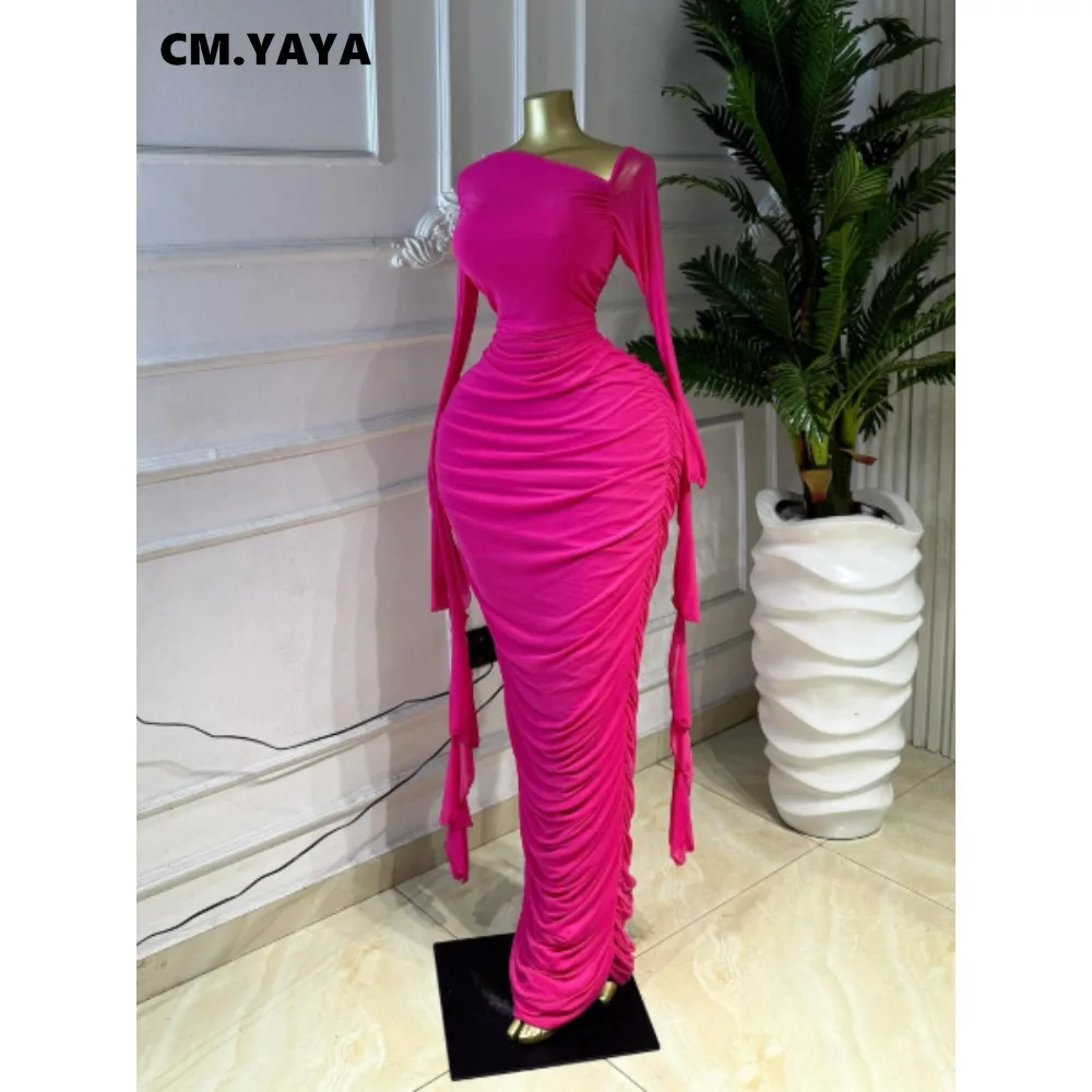 CM.YAYA Women Ruffles Long Sleeve Ruched Stacked Bodycon Maxi Long Dress Vacation Trendy Party Birthday Long Dresses Vestidos