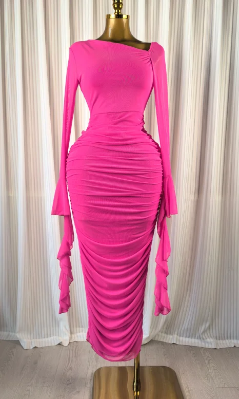 CM.YAYA Women Ruffles Long Sleeve Ruched Stacked Bodycon Maxi Long Dress Vacation Trendy Party Birthday Long Dresses Vestidos