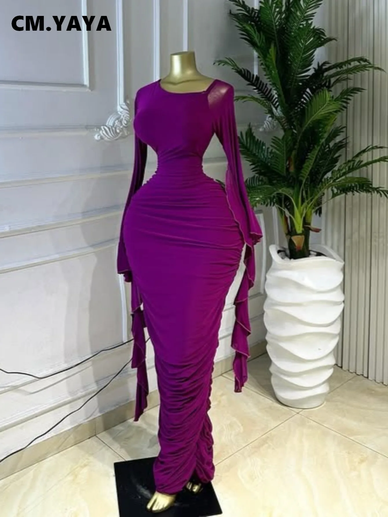CM.YAYA Women Ruffles Long Sleeve Ruched Stacked Bodycon Maxi Long Dress Vacation Trendy Party Birthday Long Dresses Vestidos