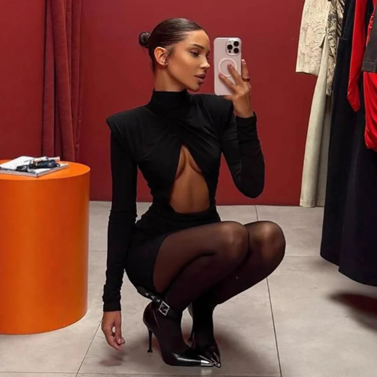Sexy Hollow-out Pleated Mini Dress Women Fashion Solid Half High Collar Long Sleeve Slim Dresses 2025 Lady Party Club Robes