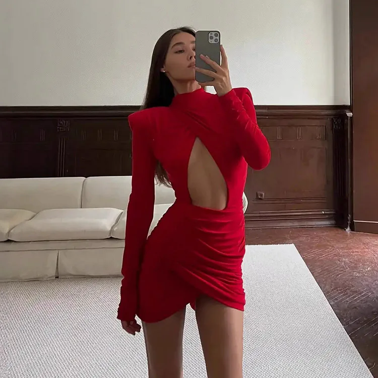 Sexy Hollow-out Pleated Mini Dress Women Fashion Solid Half High Collar Long Sleeve Slim Dresses 2025 Lady Party Club Robes