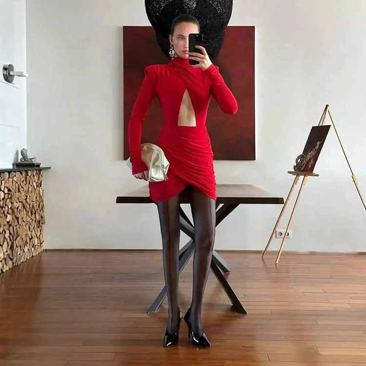 Sexy Hollow-out Pleated Mini Dress Women Fashion Solid Half High Collar Long Sleeve Slim Dresses 2025 Lady Party Club Robes