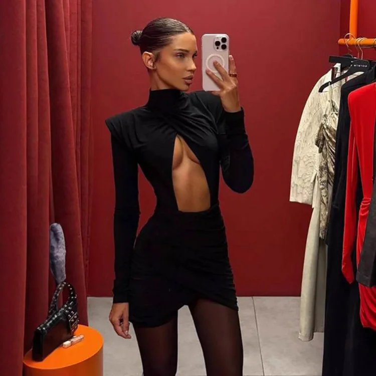 Sexy Hollow-out Pleated Mini Dress Women Fashion Solid Half High Collar Long Sleeve Slim Dresses 2025 Lady Party Club Robes
